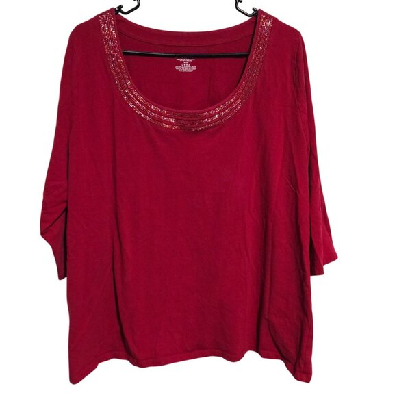 Lane Bryant Red Beaded Scoop Neck Top Womens Plus Size 18 20 Holiday Blouse - Picture 1 of 5